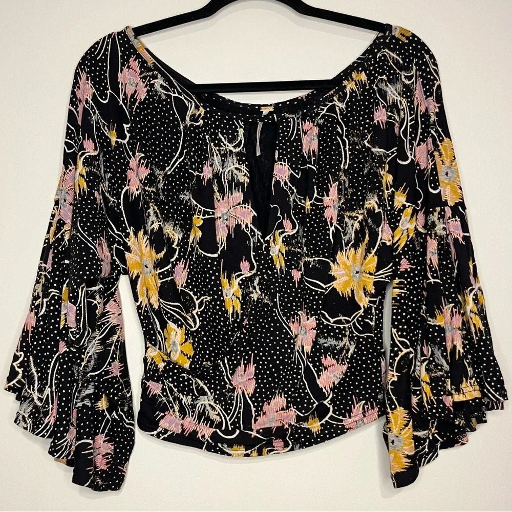 FREE PEOPLE One Last Time Bellsleeve Floral Cropped Boho Wrap Blouse Top - Picture 6 of 12